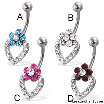 Jeweled flower and heart belly button ring