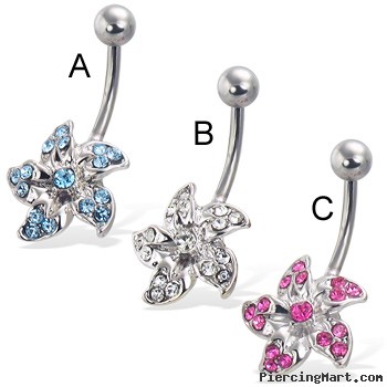 Jeweled flower belly button ring