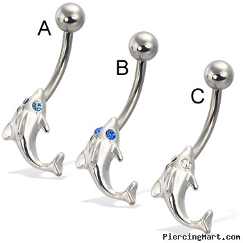 Dolphin with jeweled eyes belly button ring