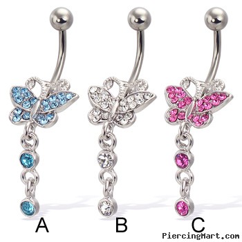 Jeweled butterfly navel ring with two dangling gems