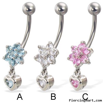 Jeweled flower belly button ring with dangling jeweled heart