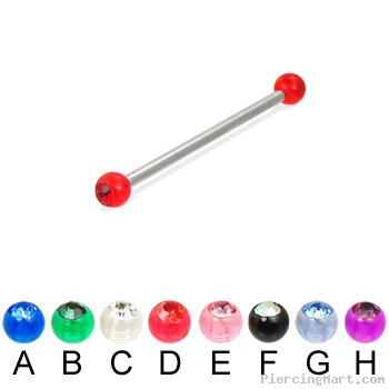 Long barbell (industrial barbell) with acrylic jeweled balls, 12 ga