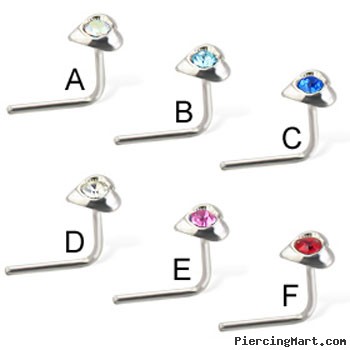 Sterling silver L-shaped nose pin with jeweled heart, 20 ga