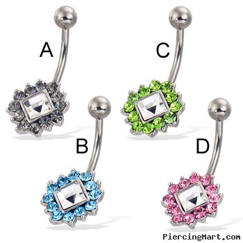 Jeweled flower belly button ring with square center stone