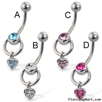 Door knocker belly button ring with jeweled heart