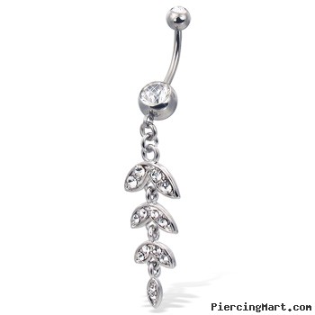 Jeweled vine with leaves belly button ring