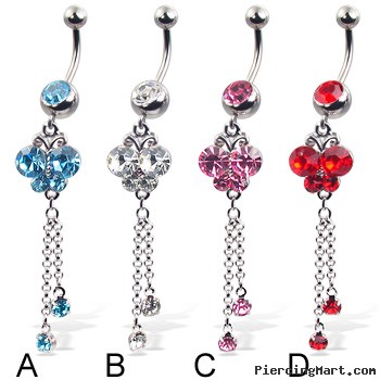 Butterfly belly button ring with two gems on chains