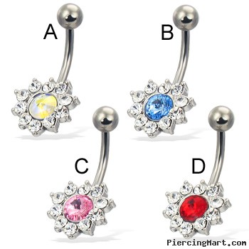 Jeweled belly button ring with colored pointed center stone