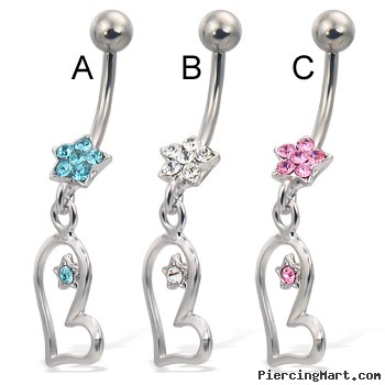 Jeweled flower navel ring with star on dangling asymmetric heart