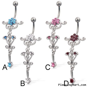 Jeweled belly button ring with flower and dangling charm