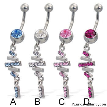 Jeweled belly button ring with dangling multi-stick charm