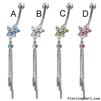 Jeweled flower belly button ring with three cylinders on dangles