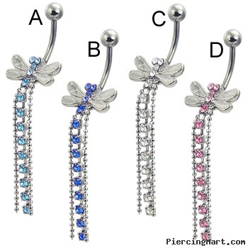 Jeweled dragonfly belly button ring with three dangles