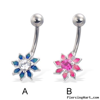 Colored flower navel ring with diamond-shaped petals and gem