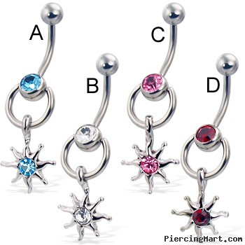 Door knocker belly button ring with dangling jeweled sun