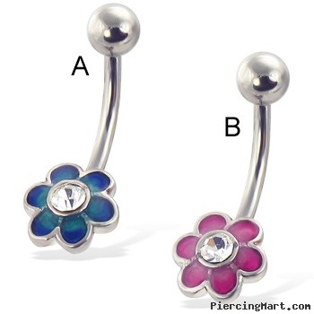 Colored flower belly button ring with five round petals and gem