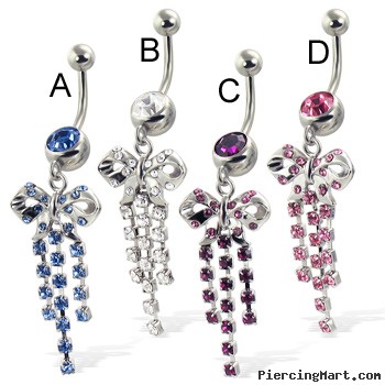 Jeweled belly button ring with bow and three dangles