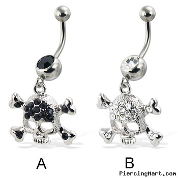 Jeweled skull and cross-bones belly button ring