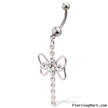 Belly button ring with a dangle, butterfly shape, and jeweled top ball