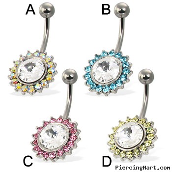 Belly button ring  with big gem framed by small color gems