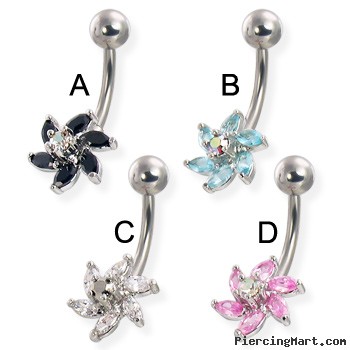 6-petal flower with raised center gem belly button ring