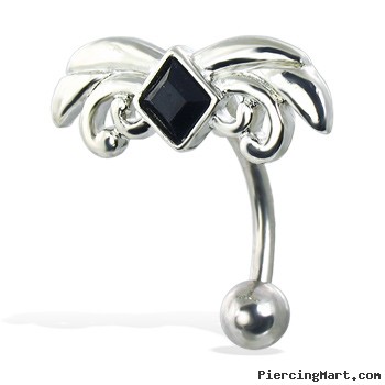 Hinged reversed belly button ring with black square gem and scrolls