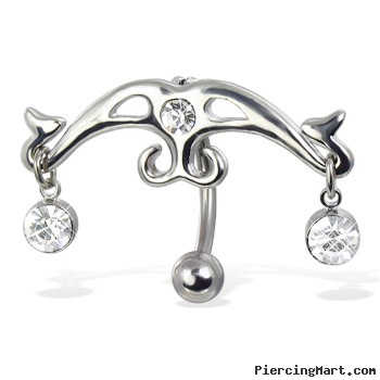 Hinged reversed belly button ring with two gems dangling from sides