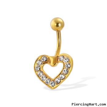 Gold Tone belly button ring with CZ-paved heart