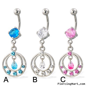 Navel ring with dangling jeweled double ring and teardrop shaped gem