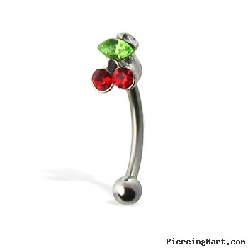 Jeweled cherry eyebrow ring, 16 ga