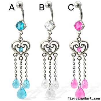 Belly button ring with heart and three teardrop gems on chains