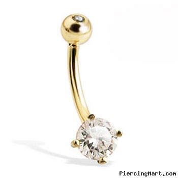 14K yellow gold belly button ring with round stone and jeweled top ball