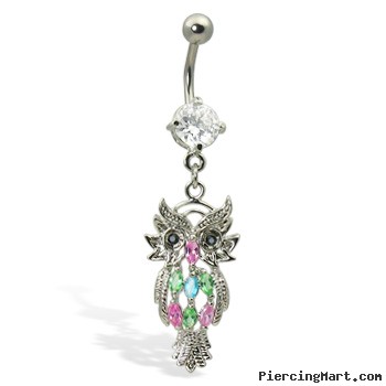 Navel ring with dangling jeweled owl