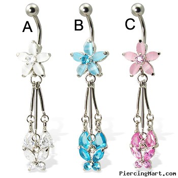 Flower belly button ring with dangling butterfly and teardrops