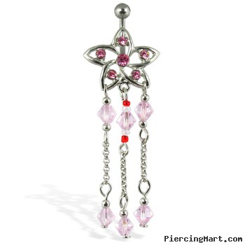 Jeweled belly button ring with flower and three dangles