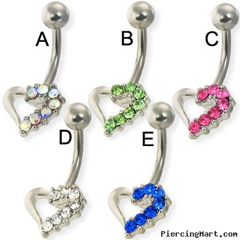 Jeweled hollow heart belly button ring