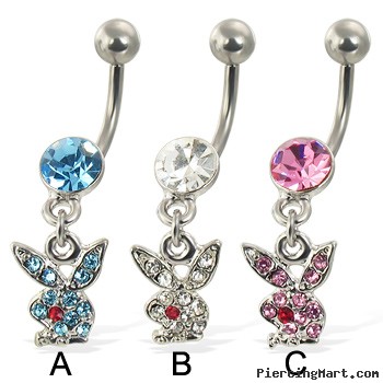 Belly button ring with dangling jeweled playboy bunny