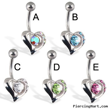 Heart belly button ring with center stone and three small gems