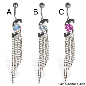 Jeweled belly button ring with uneven dangles