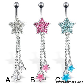 Jeweled star with dangles belly button ring