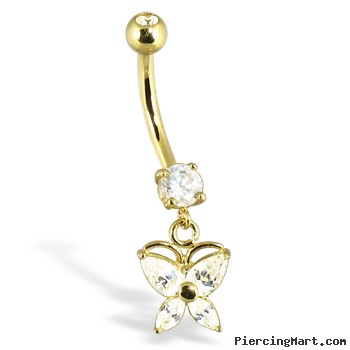 14K Yellow Gold Belly Button Ring With Dangling Butterfly