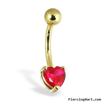 14K Yellow Gold Belly Button Ring With Pronged Red Heart