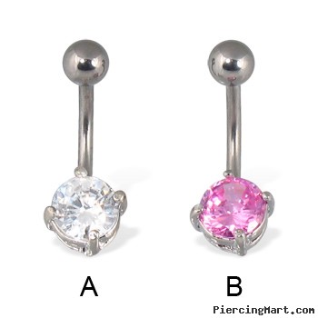 Navel ring with 4-prong round gem
