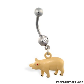 Jeweled belly ring with dangling pig