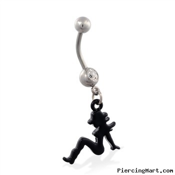 Jeweled belly ring with dangling black coated cowgirl