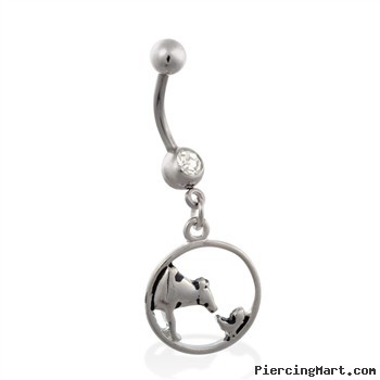 Jeweled belly ring with dangling cow and chicken circle