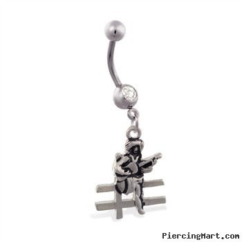 Jeweled belly ring with Dangling Cowgirl On Fence