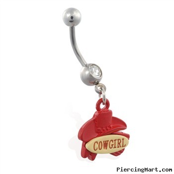 Jeweled belly ring with dangling "COWGIRL" and hat