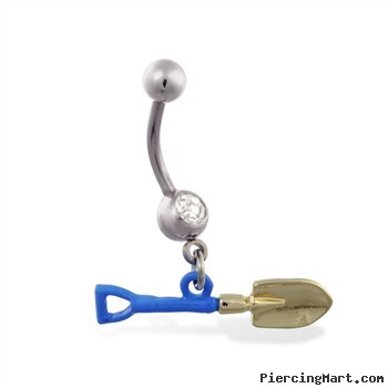 Jeweled belly ring with Dangling Shovel