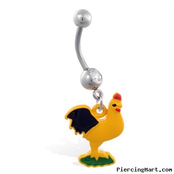 Jeweled belly ring with dangling rooster